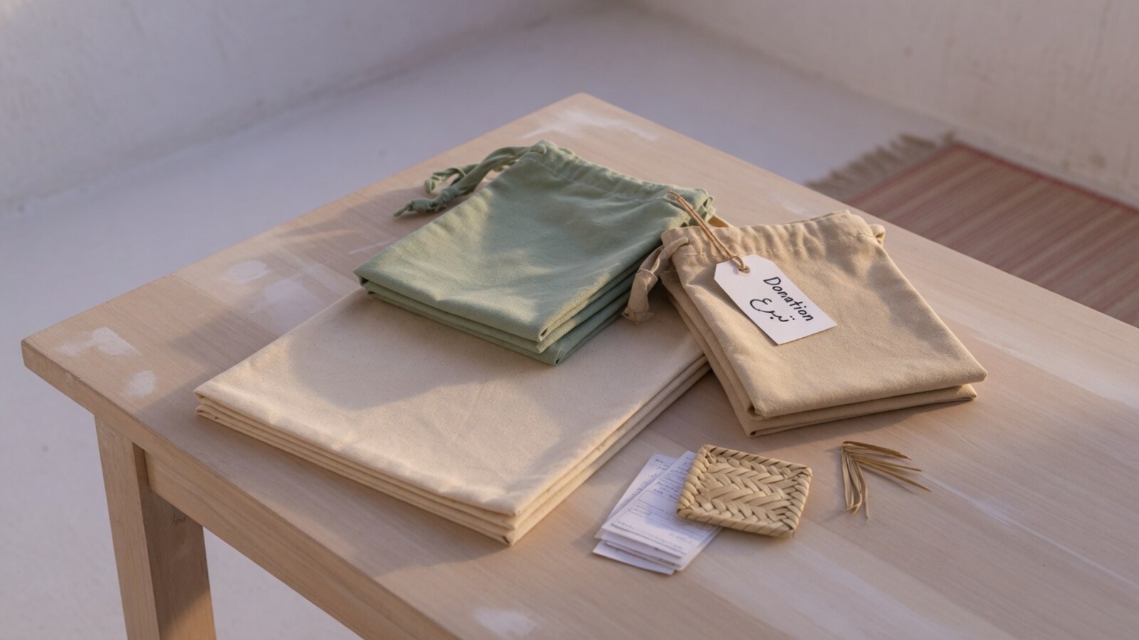 Folded cloth bags on table, calm giving cover