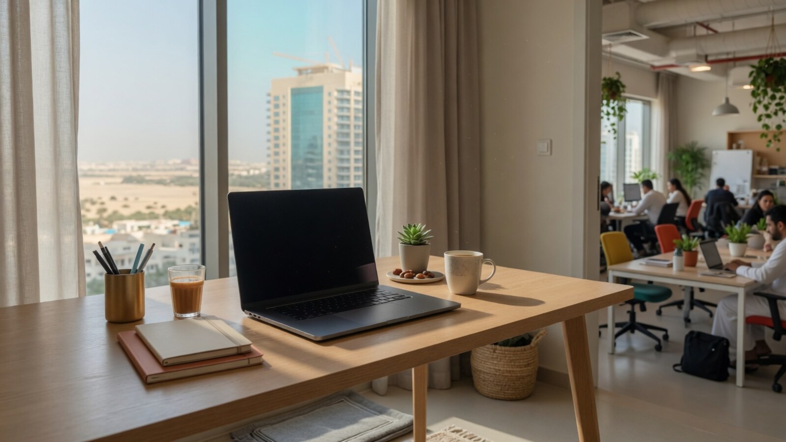 Coworking desk soft window light