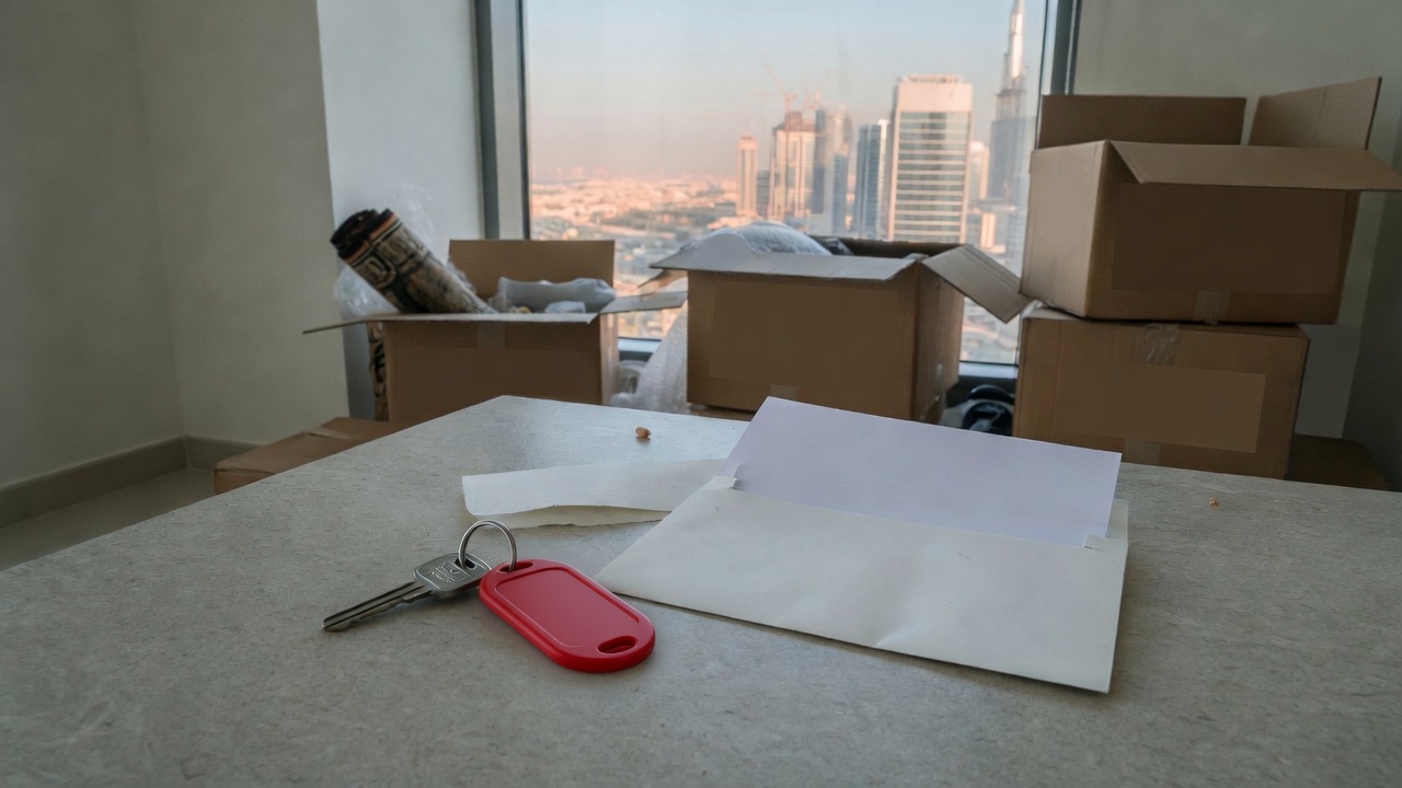 House key and a plain envelope on a stone counter during a move-out.