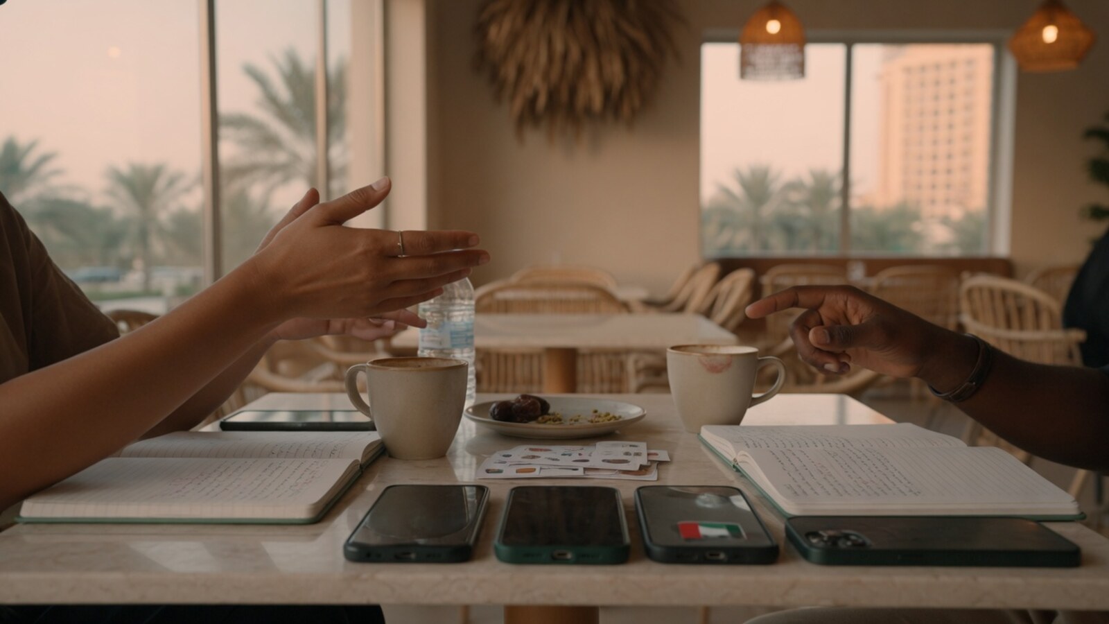 Small language-exchange table in a calm UAE cafe, notebooks open and phones set aside