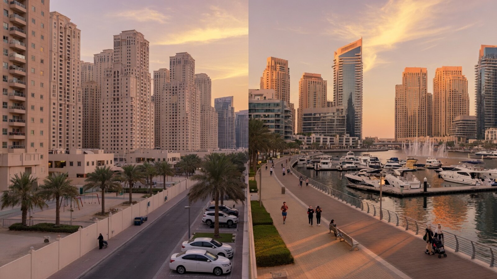 Marina waterfront and residential towers contrast soft light