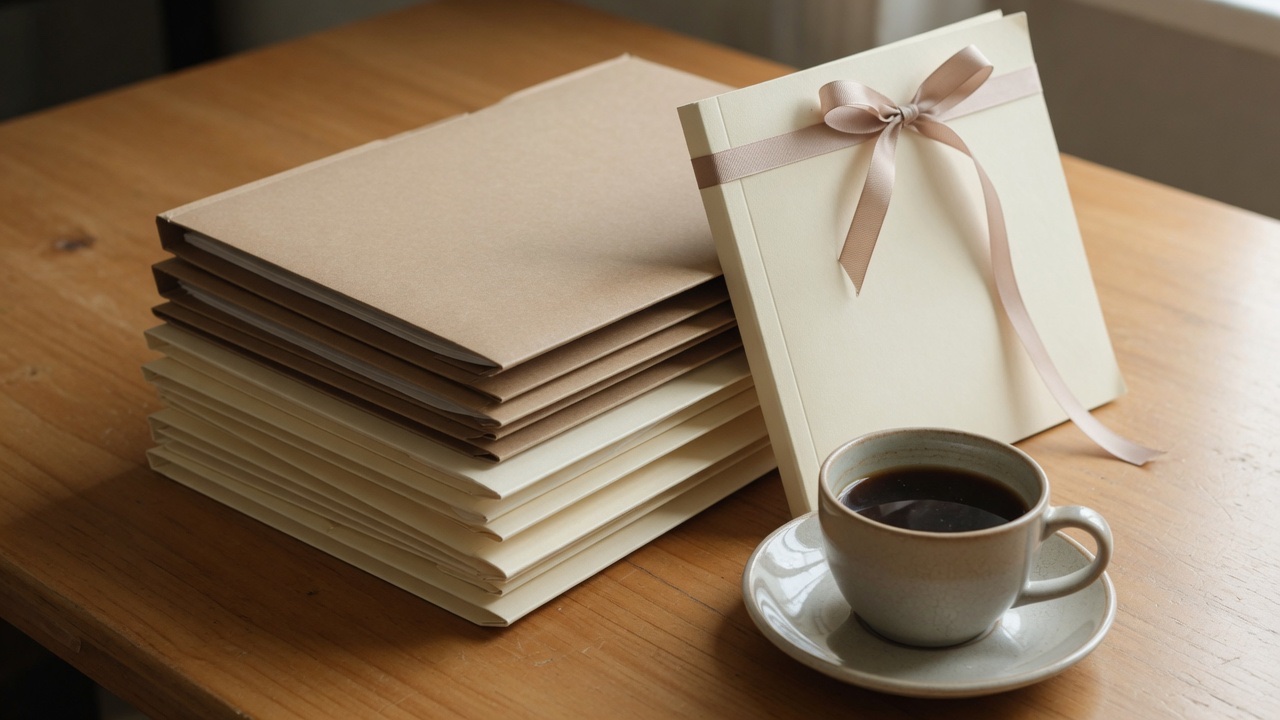 A stack of document folders and a bound certificate on a wooden desk