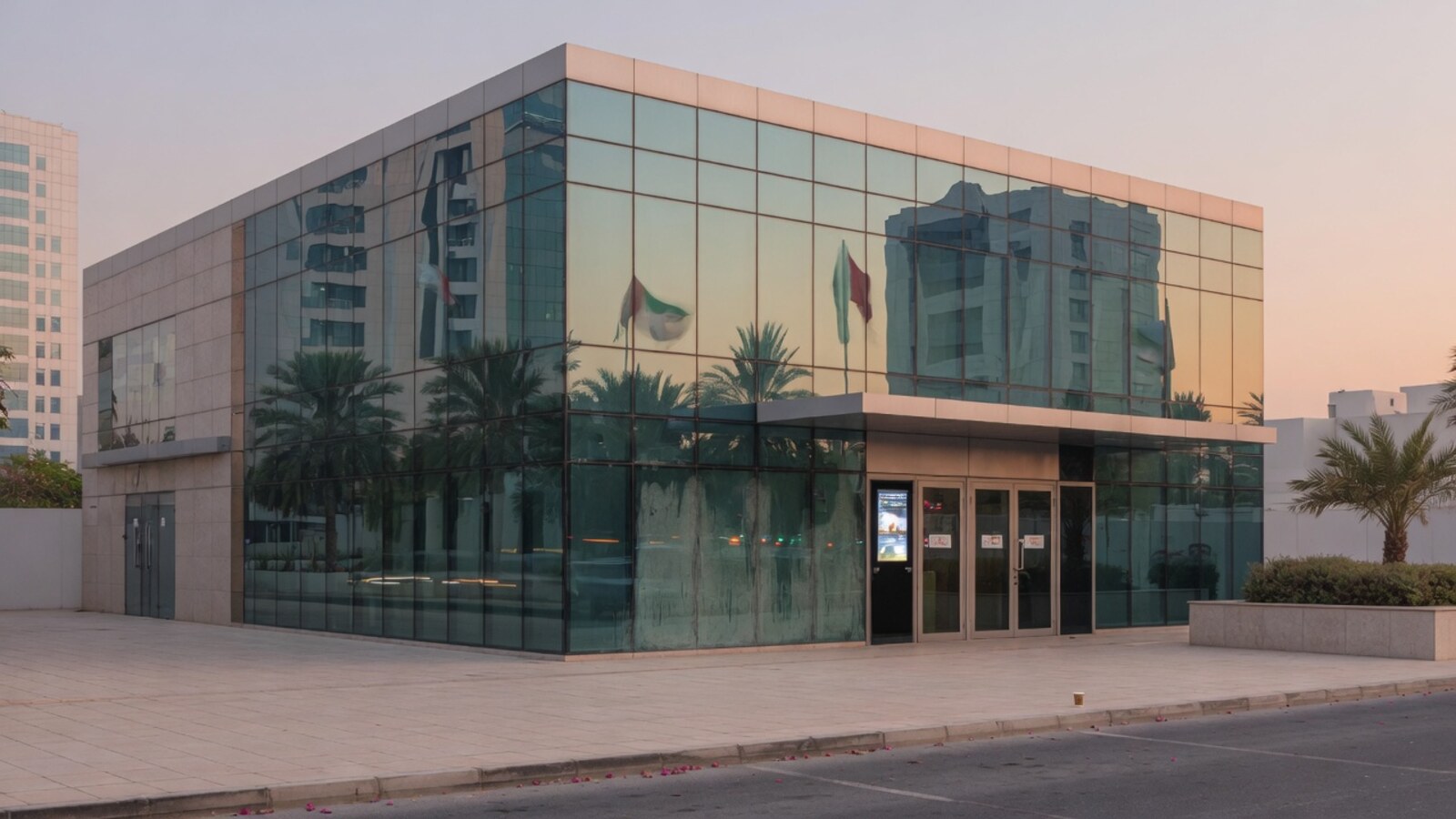 Quiet modern bank exterior glass facade at soft morning light