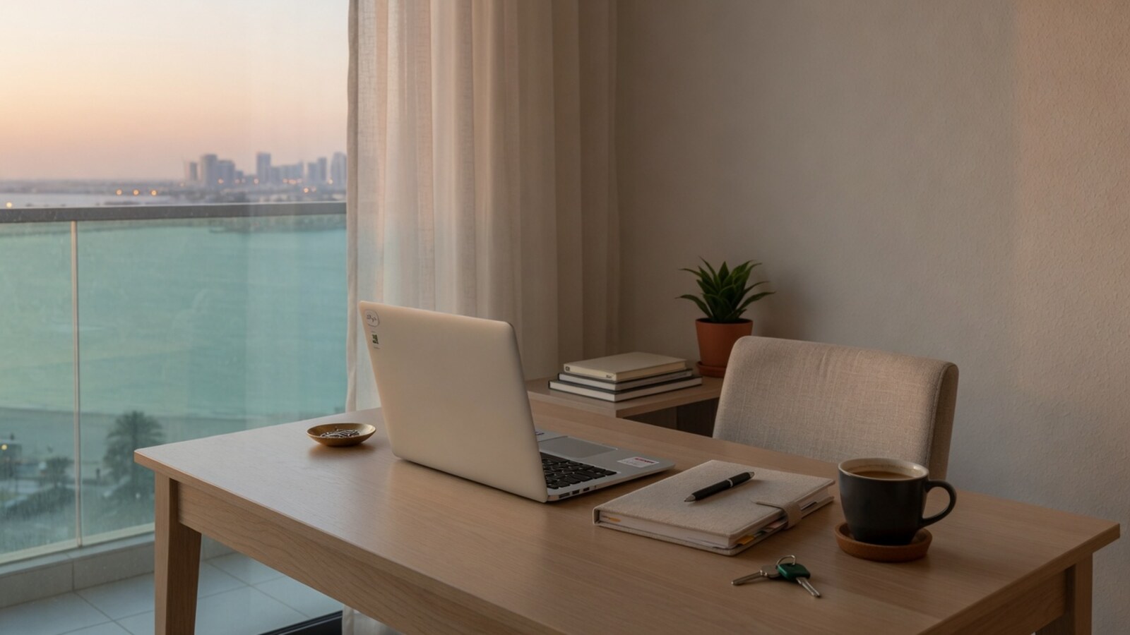 Tidy home desk with closed laptop and planner, calm productivity
