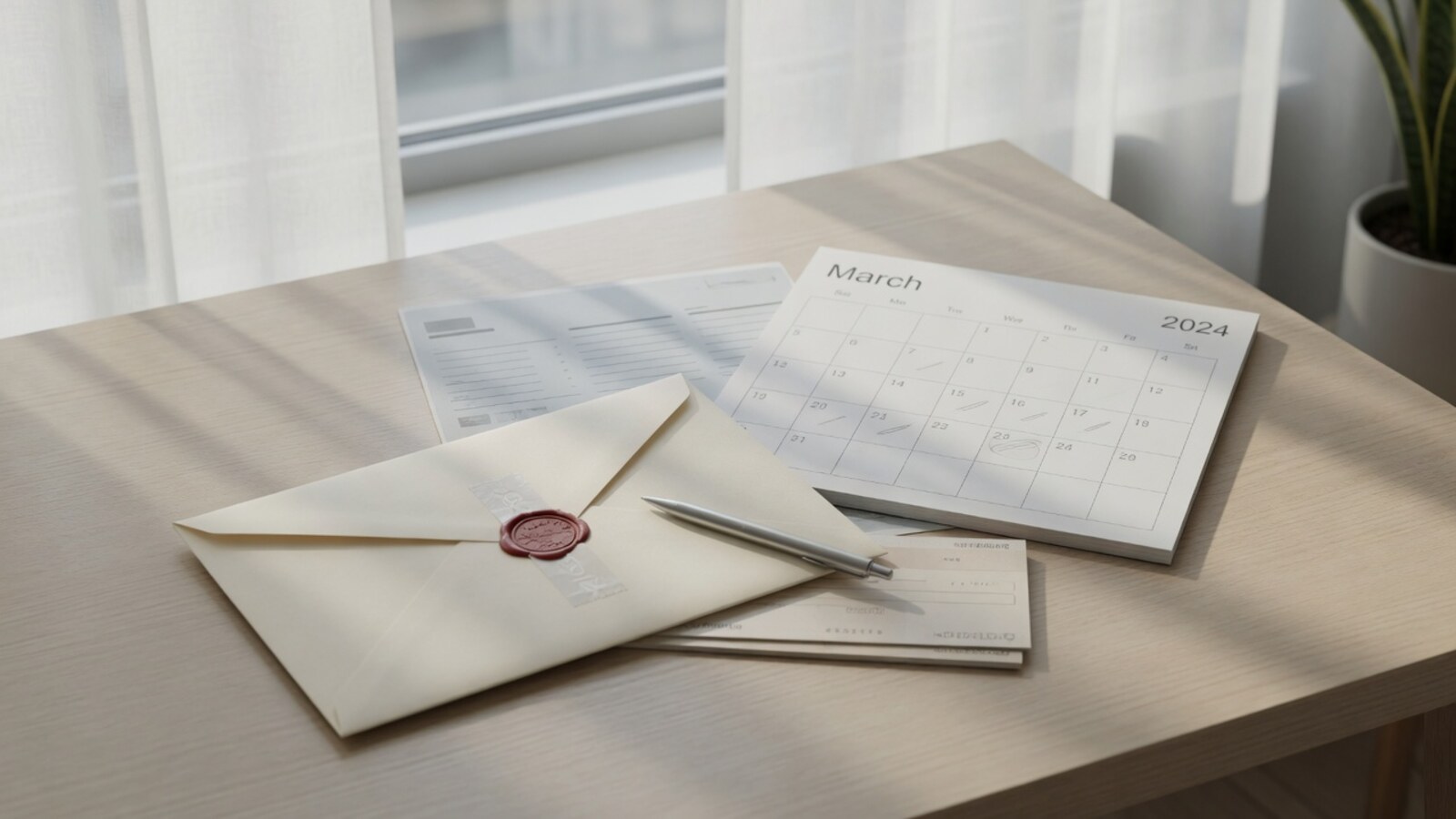 Desk with sealed envelope and calendar, salary and rent admin mood