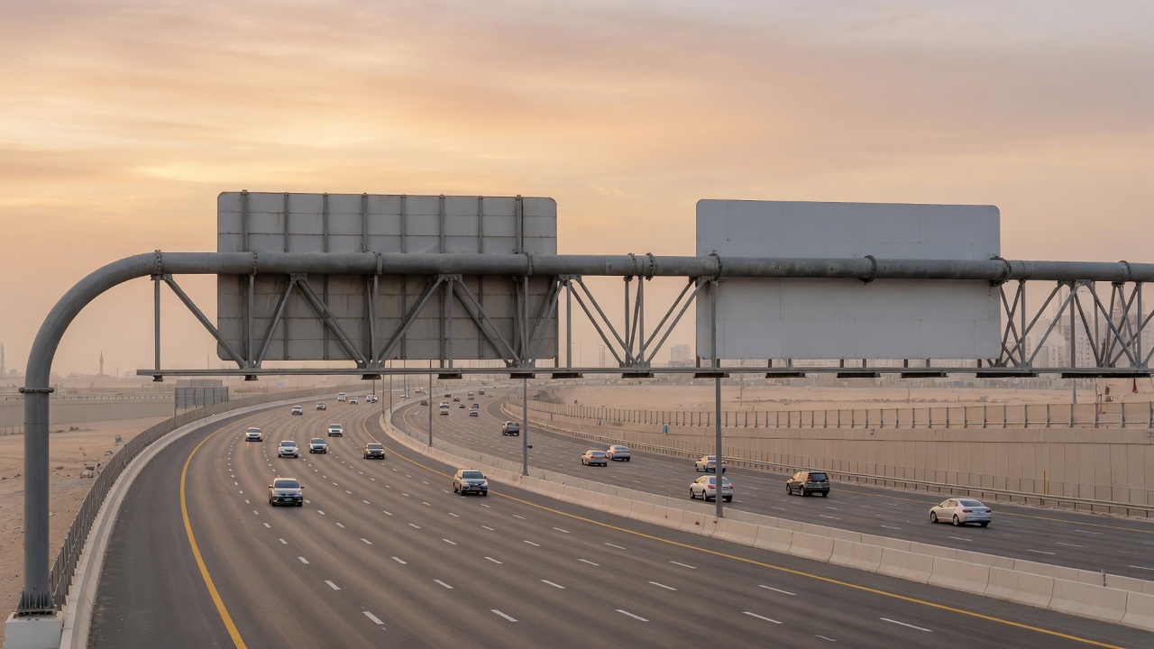A UAE highway overpass in early morning haze