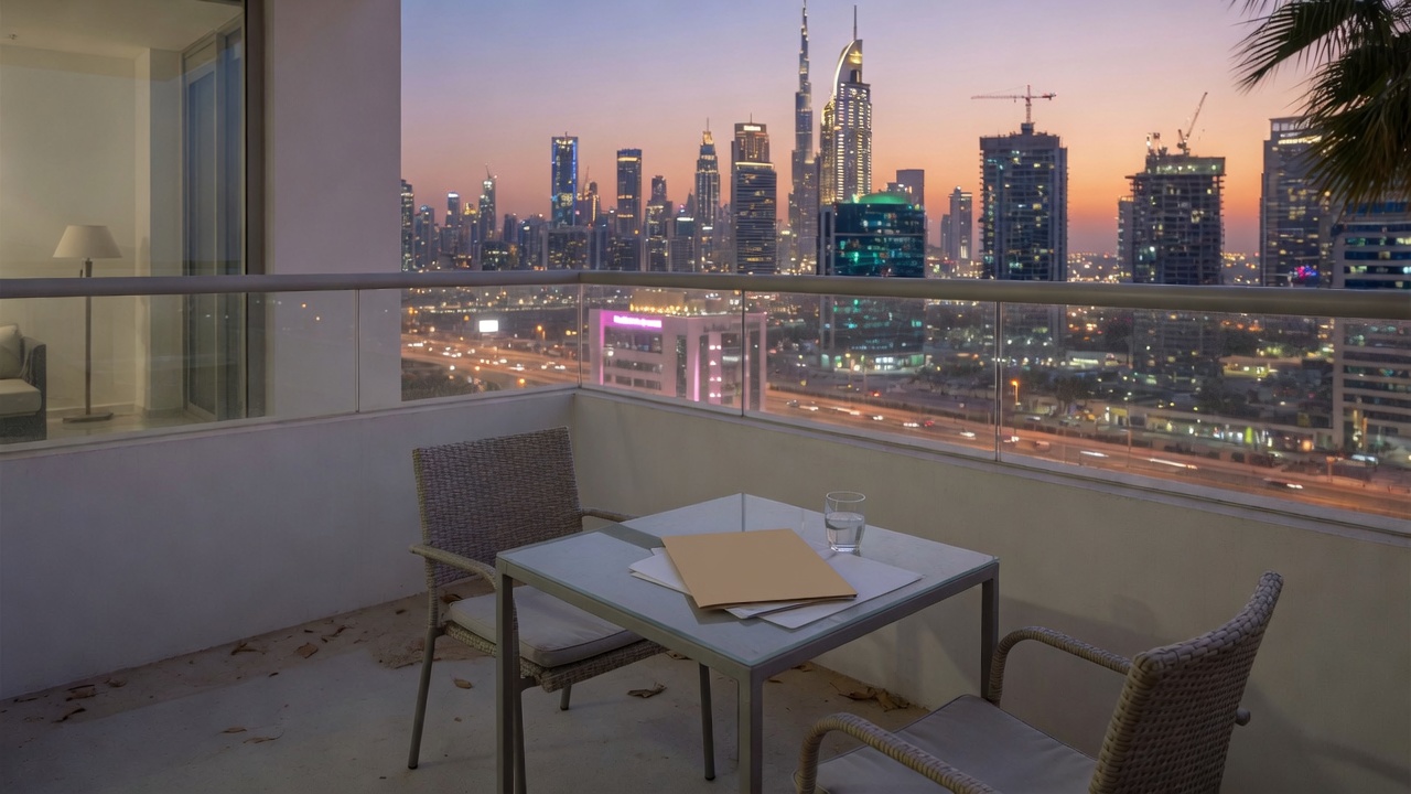 Two empty chairs and a closed folder on a Dubai apartment balcony table at dusk.