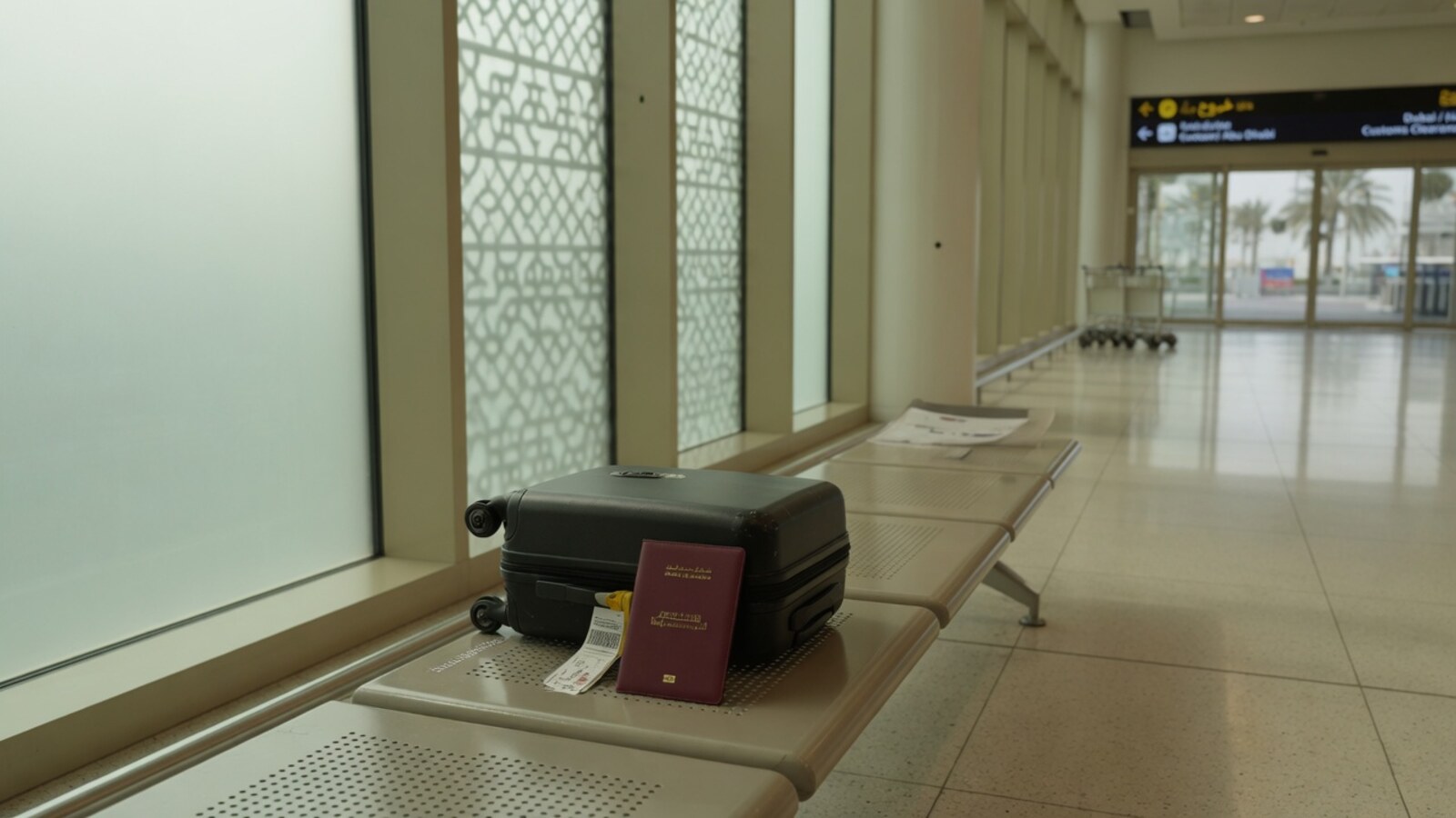 Airport arrivals bench with suitcase and closed document folder