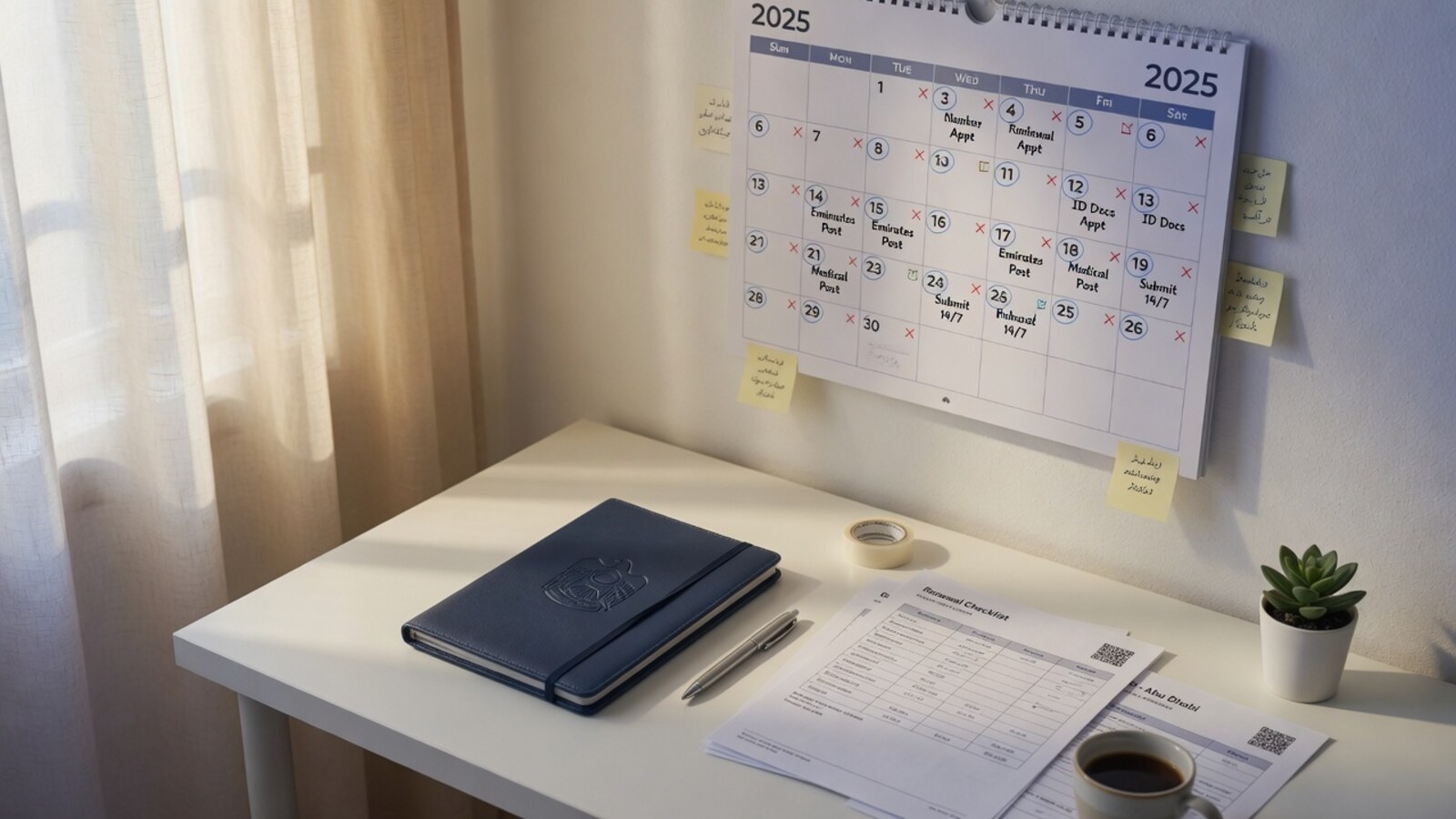Wall calendar and closed document folder for visa renewal habit